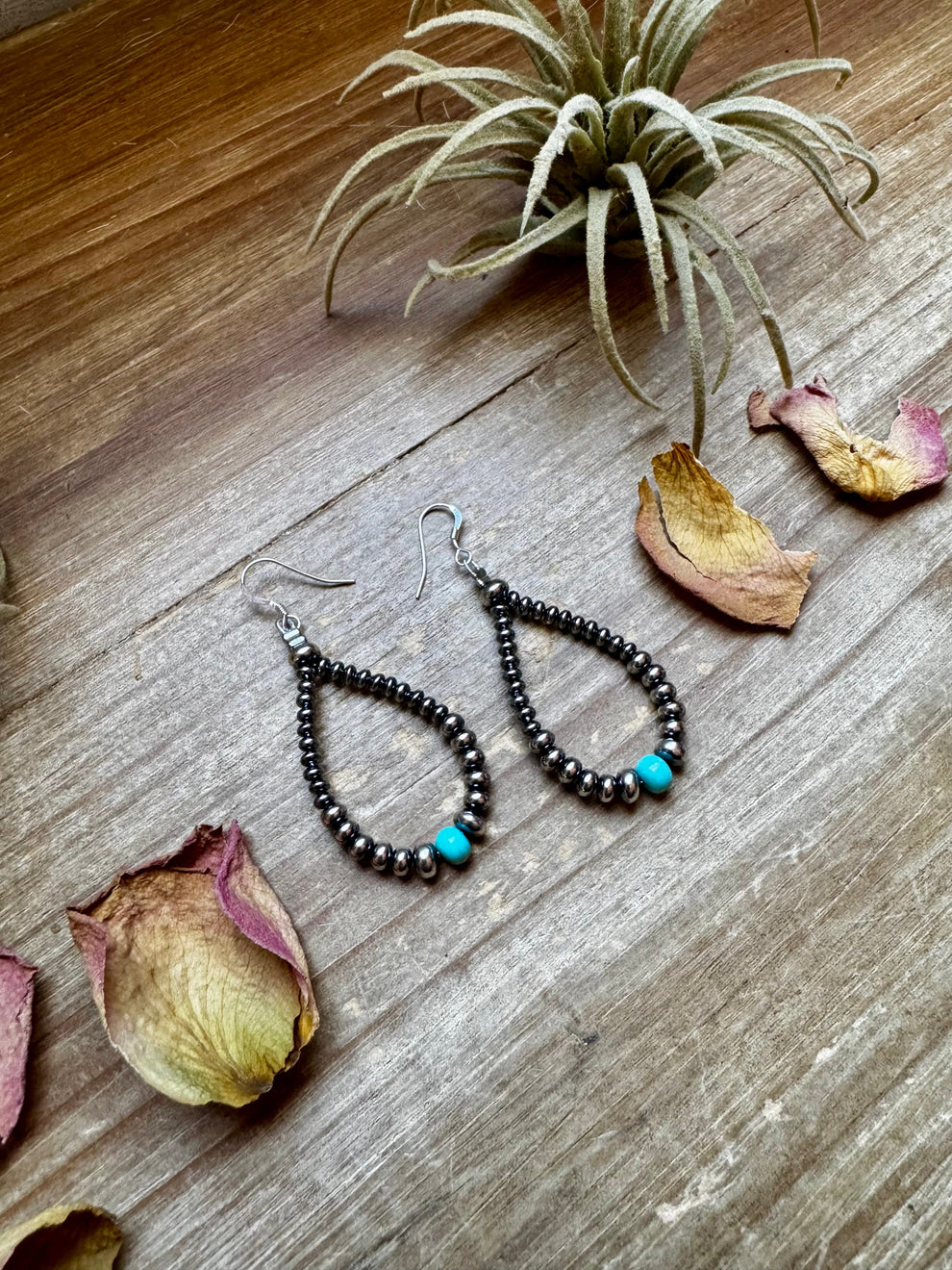 Smaller Sterling saucer Silver Pearls earrings teardrop - With Turquoise
